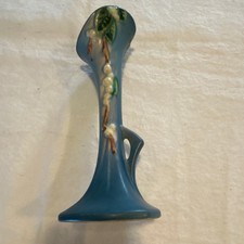 Roseville Pottery Snowberry Double Bud Vase in Blue with Foil Label — listing 2