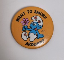 Vintage Smurf "Happy Smurfday" Pinback Button with Birthday Cake
