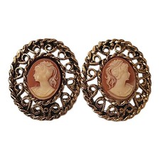 Antique Carved Shell Cameo Drop Earrings in Gilt Filigree Frames — listing 3