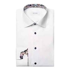 Men's Long-Sleeve Button-Up Dress Shirt with Pink Pinstripe & Purple Dot Pattern, Navy Contrast Collar/Cuffs, Size Medium — listing 4