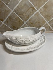 White Ceramic Gravy Boat with Attached Underplate, Scrolled Handle, listing 3