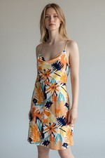 Roxy Mustard Yellow Floral V-Neck Cinched Front Mini Dress, Size Medium — listing 3