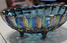 Indiana Glass Blue Carnival Glass Two-Handled Rose Bowl (Open Rose / Wild Rose Pattern) — listing 6