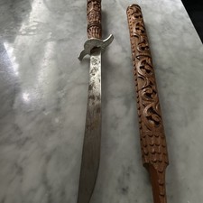 Southeast Asian Dha Sword with Hand-Carved Wooden Scabbard and Handle