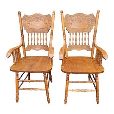 Antique Victorian Pressback Oak Rocking Chair with Spindle Back and Scroll Carving — listing 6