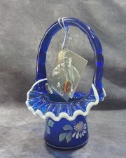 Fenton Cobalt Blue Ruffled Vase-Form Basket with Clear Twisted Handle — listing 5
