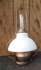 Antique Victorian Brass Hanging Oil Lamp (Electrified) with White Milk Glass Dome Shade