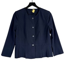 Navy Blue Collarless Tailored Blazer Jacket with Textured Weave — listing 6