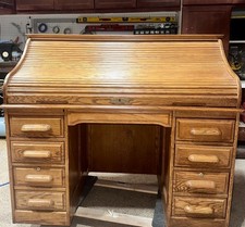Antique Oak Tambour Roll Top Writing Desk with Lower Shelf — listing 3