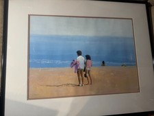 Framed Mediterranean Seaside Painting, Man with Bicycle and Boats, Signed Lorenz — listing 4