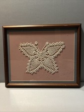 Framed Handmade Crochet Lace Butterfly Doily, Oval Blue Mat in Gold Wood Frame