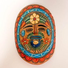 Small Mexican Folk Art Faux Tribal Mask, Hand-Painted Terracotta Wall Mask with Parrots (6.25 x 5 in) — listing 5