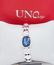Uno de 50 Silvertone Beaded Leather Bracelet with Blue Glass Stone, 7.5" — listing 3
