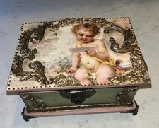 Vintage Cherub Angel Decoupage Storage Box with Leather Handle and Brass Latch — listing 2