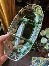 Uranium Green Depression Glass Oval Relish / Celery Dish with Diamond Block Pattern — listing 3