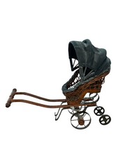Antique Wicker Doll Carriage Pram with Metal Spoke Wheels and Folding Hood — listing 5