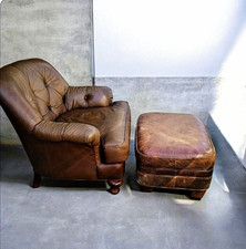 Vintage Wood Frame Leather Upholstered Armchair (underside view), listing 4
