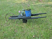 Antique Primitive Wooden Wheelbarrow in Original Blue Paint with Spoked Wooden Wheel — listing 3