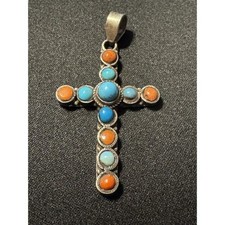 Southwestern Style Branch Coral and Turquoise Beaded Necklace with Silver Cross Pendant — listing 4