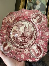 Red Transferware Square Salad Plate, Swiss Chalet Alpine Scene Pattern Clarice Cliff Tonquin — listing 3