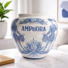 Vintage Delft Blue Hand-Painted 'Amphora' Tobacco Jar with Brass Lid — listing 2