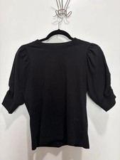 FRAME Puff-Sleeve Crewneck Sweater in Chambray Heather, Size S