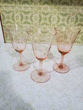 Vintage Pink Depression Glass Wine Goblet with Wheel-Cut Floral Etching