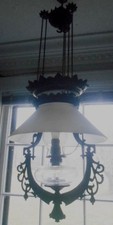 Antique Victorian Brass Hanging Oil Lamp (Electrified) with White Milk Glass Dome Shade — listing 5
