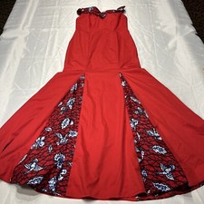 African Print Ankara Long Mermaid Dress with Faux Pearls, Feather Trim and Sheer Mesh Sleeves
