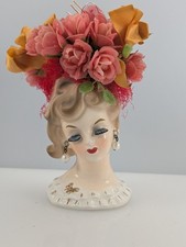 Vintage Ceramic Lady Head Vase with Blue Flowers and Turquoise Bodice — listing 6
