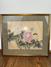 Framed Asian Peony and Butterfly Painting on Gold-Speckled Cork/Textured Ground — listing 2