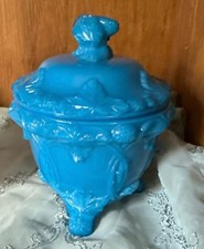 Blue Milk Glass Covered Candy Dish with Acorn Finial and Beaded Rim, Footed No marks visible — listing 3