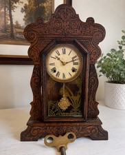 Antique Victorian Gingerbread Mantel Clock with Painted Case and Pendulum — listing 4