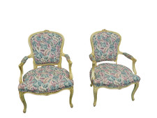 French Louis XV Style Bergère Armchair with Carved Walnut Frame and Damask Upholstery