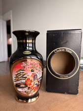 Vintage Japanese Hand-Painted Rouleau Vase with Bird, Peonies & Blossoms on Black Ground, Made in Japan — listing 2