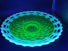 Green Opalescent Glass Ruffled Handled Basket / Bonbon Dish with Embossed Floral & Scroll Pattern — listing 6