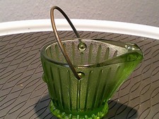 Vintage Green Glass Coal Scuttle Figural Novelty Dish with Wire Bail Handle — listing 4
