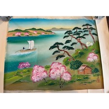 Pair of Vintage Signed Japanese-Style Gouache/Pastel Paintings, Cherry Blossoms with Butterflies and Cranes, in Carved Giltwood Frames — listing 4