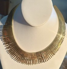 Vintage Egyptian Revival Matte Gold-Tone Link Necklace with Black Cabochons — listing 6
