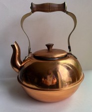 Vintage Copper and Brass Miniature Kettle with Swing Handle and Chained Lid