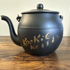 Vintage Black Enamelware Kettle Repurposed as "Kookie Kettle" Cookie Jar with Coil Handle — listing 3