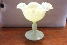 Uranium Glass Footed Compote with Ruffled Rim and Etched Floral Design, listing 4