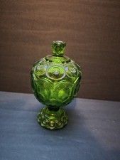 Vintage Green Glass Moon and Stars Pattern Ruffled Rim Footed Compote — listing 4