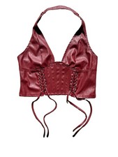 Faux Leather Halter Corset Top with Side Lace-Up Detail, Burgundy — listing 4