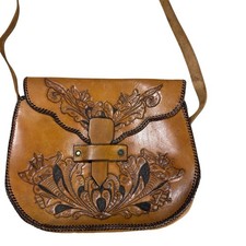 Vintage Hand-Tooled Leather Purse with Wooden Handle, Indian Krishna & Radha Motif — listing 2