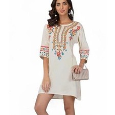 Boho Off-Shoulder Peasant Dress with Multicolor Floral Embroidery — listing 5