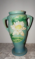 Roseville Pottery Water Lily Blue Double-Handled Cornucopia Vase (or Candleholder) — listing 2