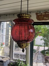 Antique Victorian Cranberry Glass Hanging Hall Lamp with Brass Font and Ceiling Canopy — listing 5