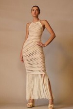 White Crochet Knit Halter Tie-Back Mini Dress / Beach Cover-Up with Ruffle Hem — listing 2