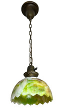 Vintage Mid-Century Tiered Stained Slag Glass Pagoda Pendant Chandelier with Amber Crystal Prisms
